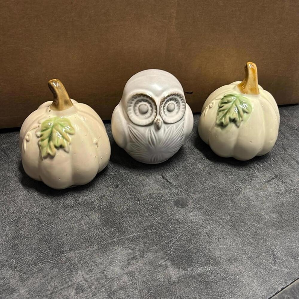 Bundle of 2 pumpkins and 1 owl Neutrals Ceramic Home Decor Nature Boho